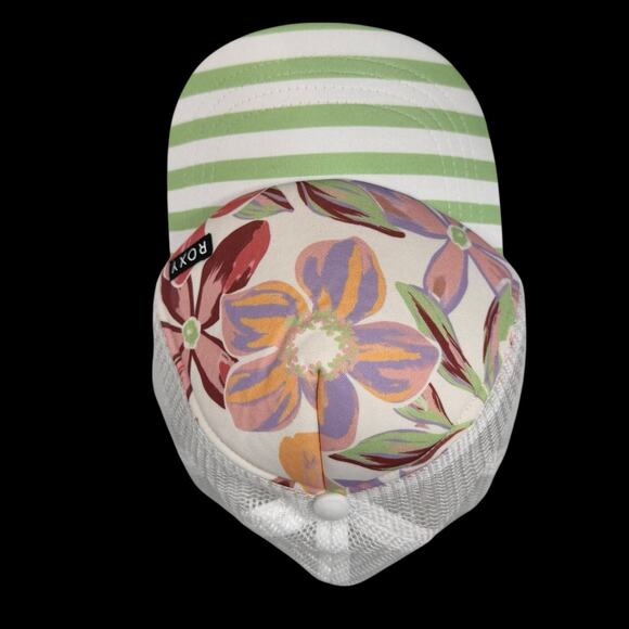Roxy Women’s Floral Trucker Hat Green White Stripe Brim Mesh Back Adjustable Cap - Picture 3 of 8